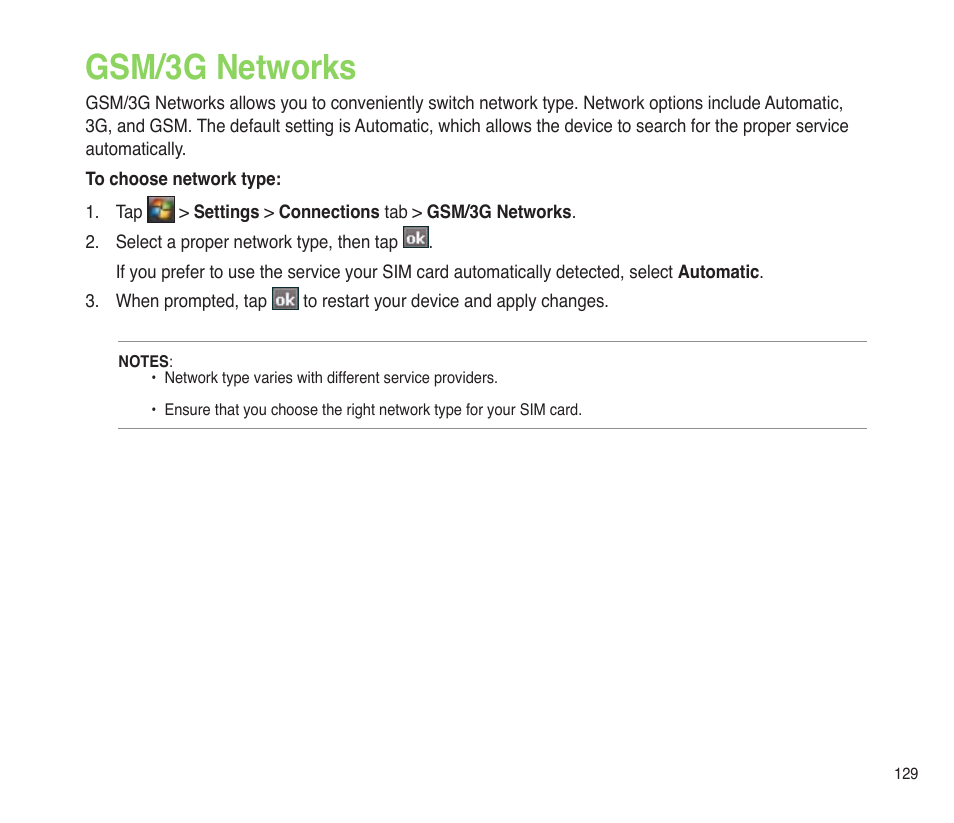 Gsm/3g networks | Asus P565 User Manual | Page 129 / 190