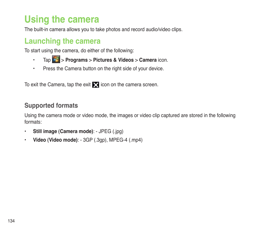 Using the camera, Launching the camera, Launching the camera 4 | Asus P565 User Manual | Page 134 / 190