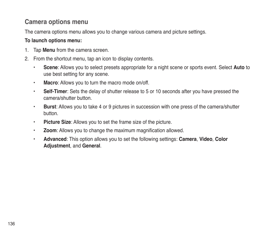 Camera options menu | Asus P565 User Manual | Page 136 / 190