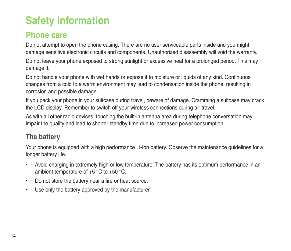 Safety information, Phone care | Asus P565 User Manual | Page 14 / 190