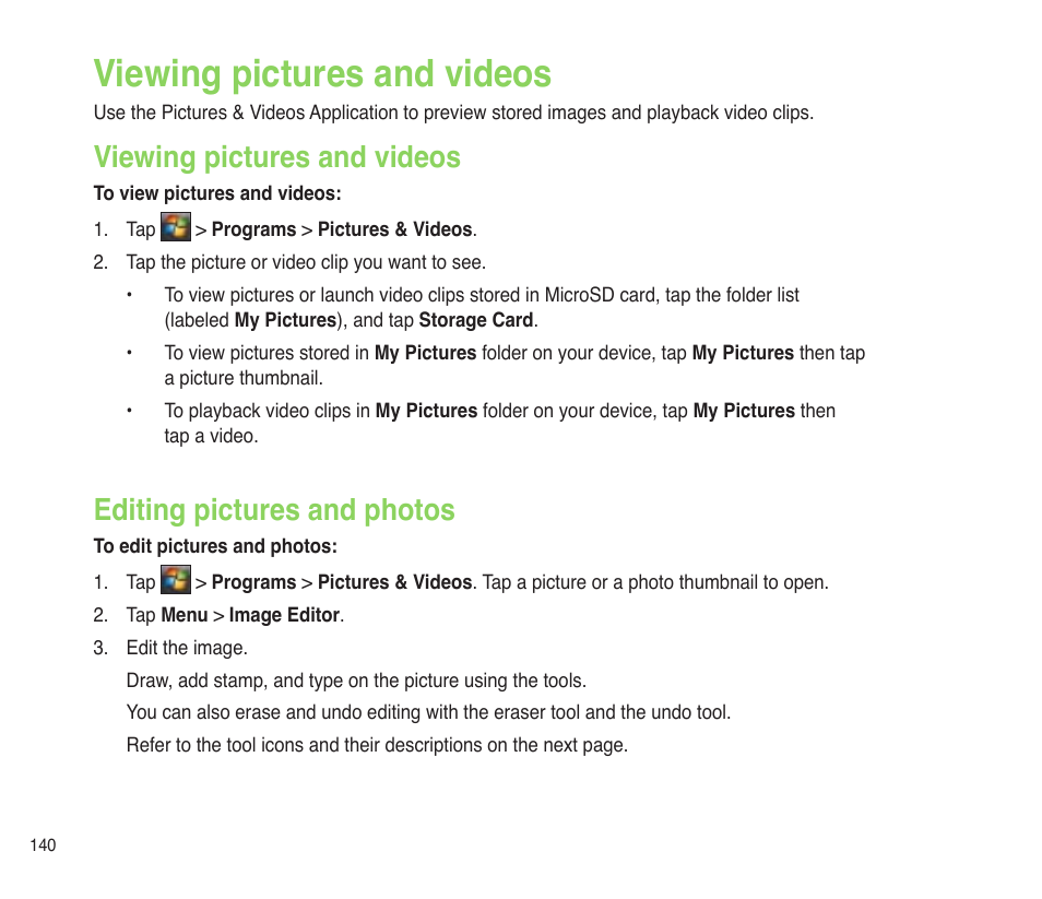 Viewing pictures and videos, Editing pictures and photos | Asus P565 User Manual | Page 140 / 190