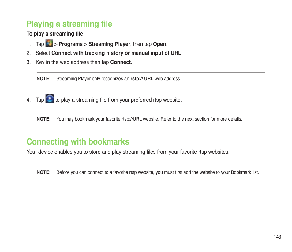 Playing a streaming file, Connecting with bookmarks | Asus P565 User Manual | Page 143 / 190