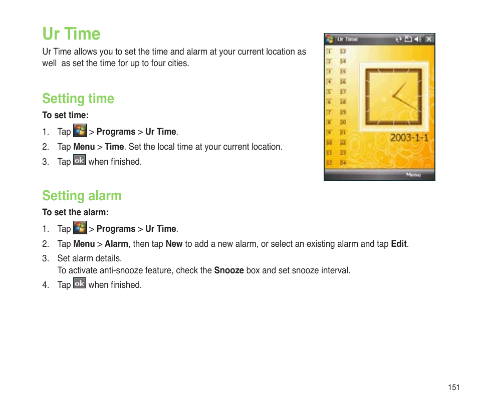 Ur time, Setting time, Setting alarm | Setting time setting alarm | Asus P565 User Manual | Page 151 / 190