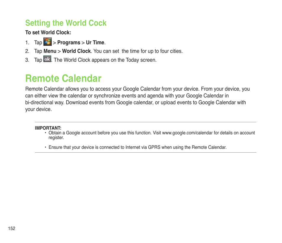Setting the world cock, Remote calendar | Asus P565 User Manual | Page 152 / 190