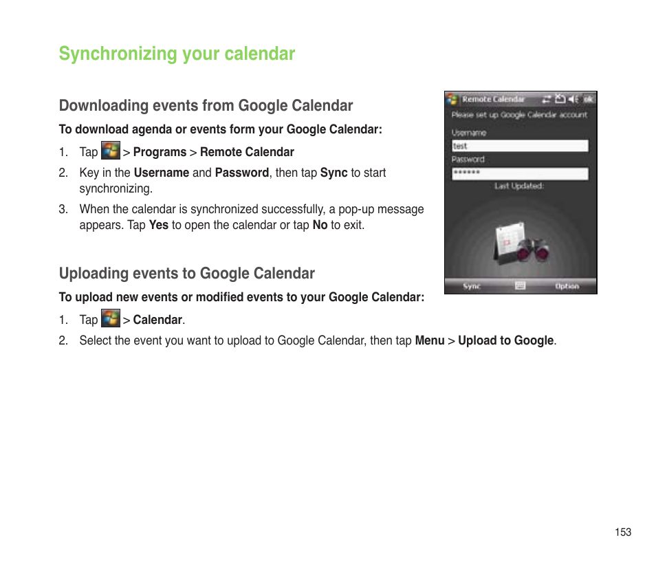 Synchronizing your calendar, Downloading events from google calendar, Uploading events to google calendar | Asus P565 User Manual | Page 153 / 190