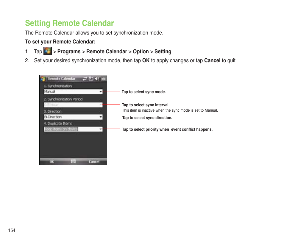 Setting remote calendar | Asus P565 User Manual | Page 154 / 190