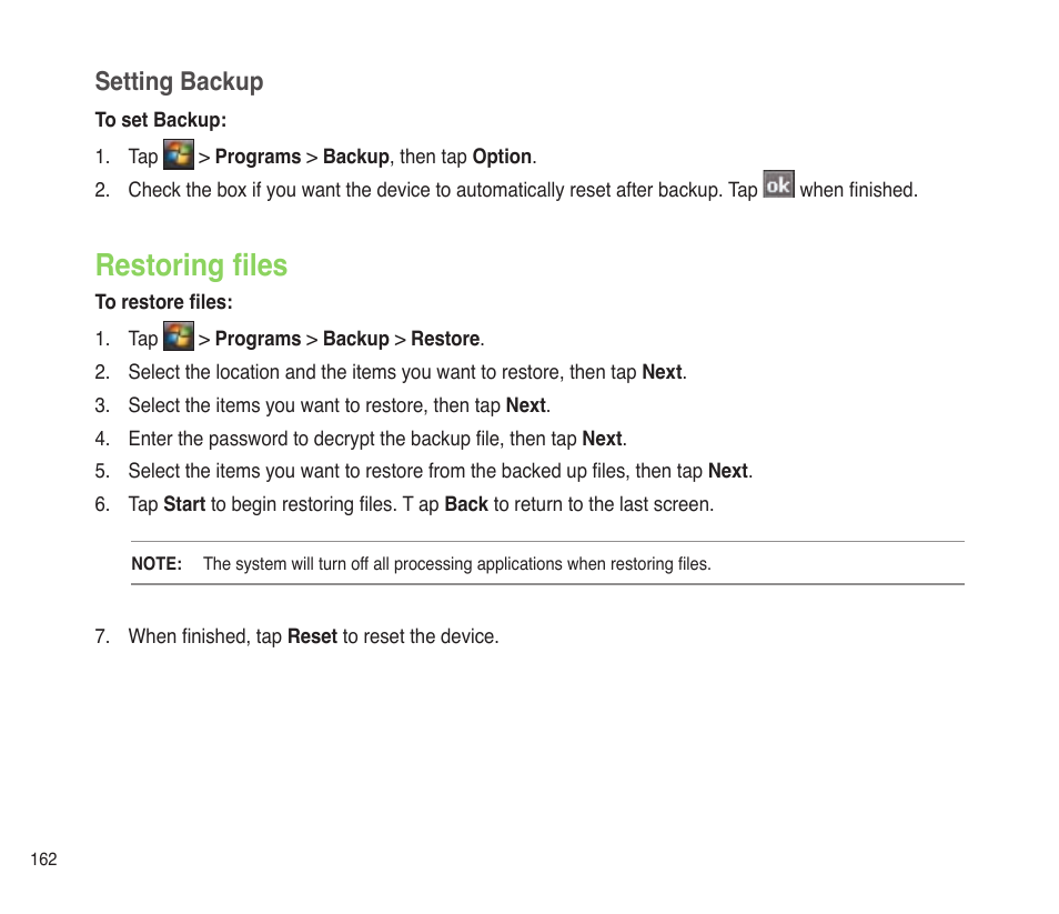 Restoring files, Setting backup | Asus P565 User Manual | Page 162 / 190