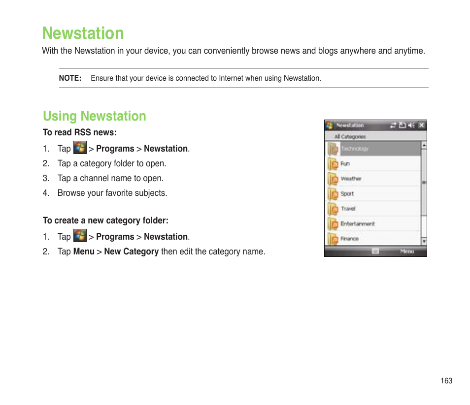 Newstation, Using newstation | Asus P565 User Manual | Page 163 / 190