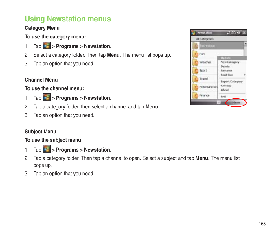 Using newstation menus | Asus P565 User Manual | Page 165 / 190