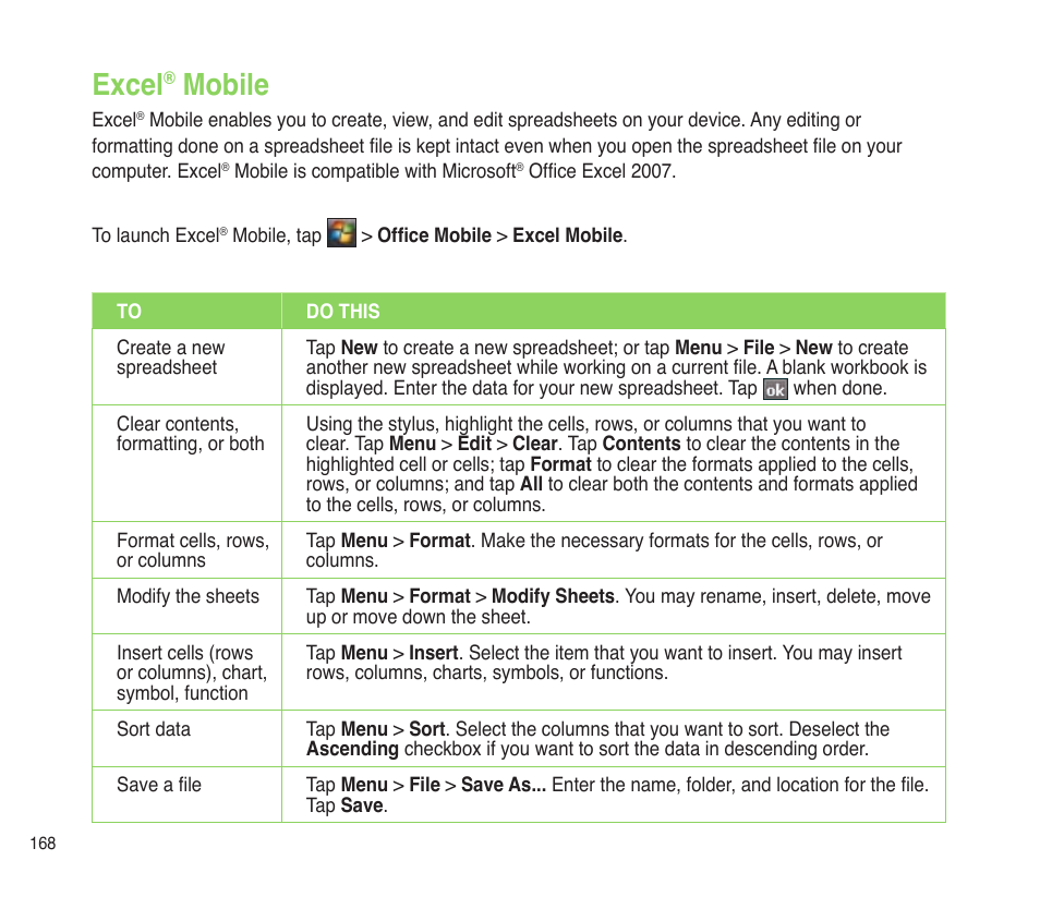 Excel® mobile, Excel, Mobile | Asus P565 User Manual | Page 168 / 190