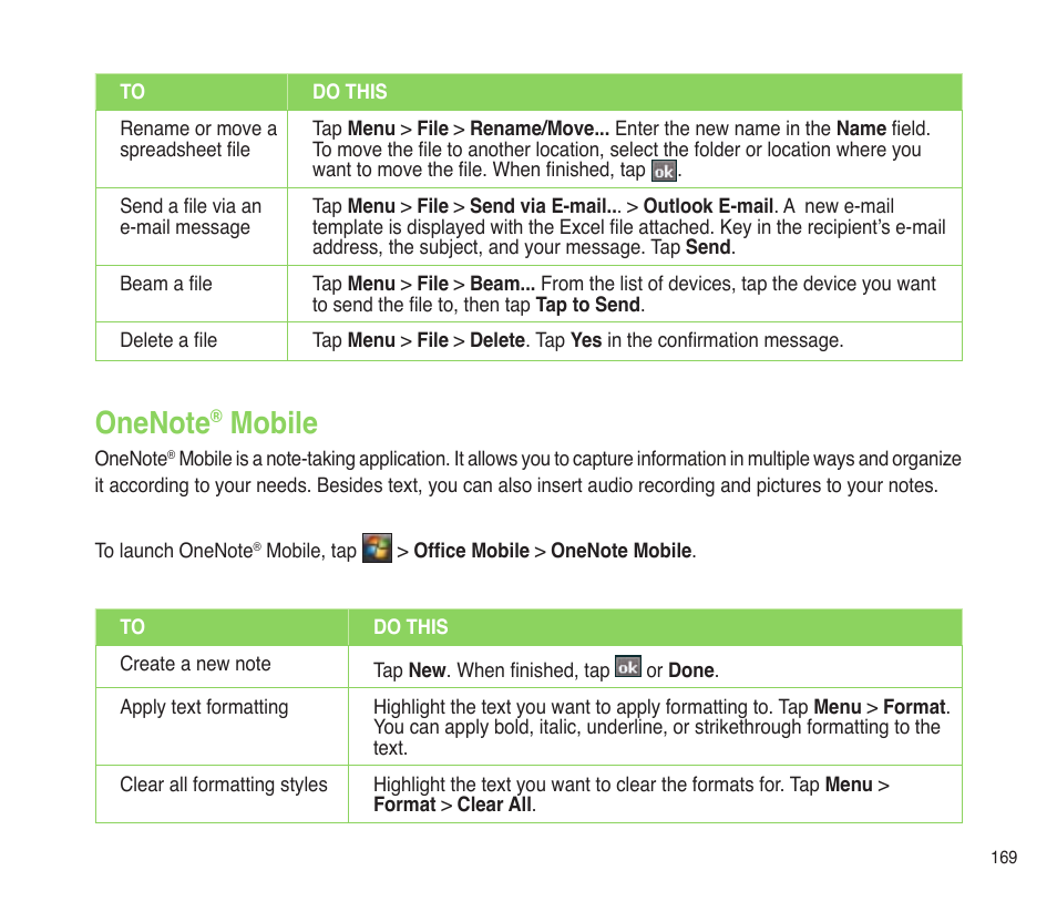 Onenote® mobile, Onenote, Mobile | Asus P565 User Manual | Page 169 / 190