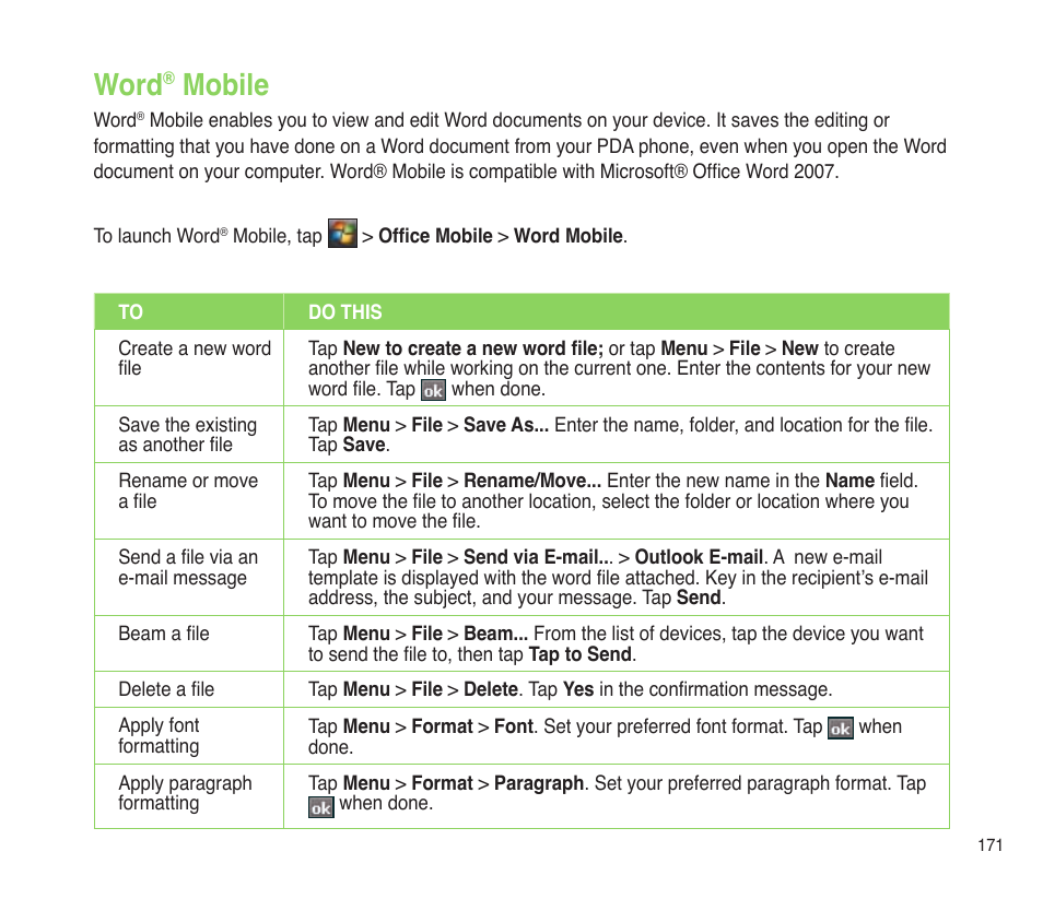 Word® mobile, Word, Mobile | Asus P565 User Manual | Page 171 / 190