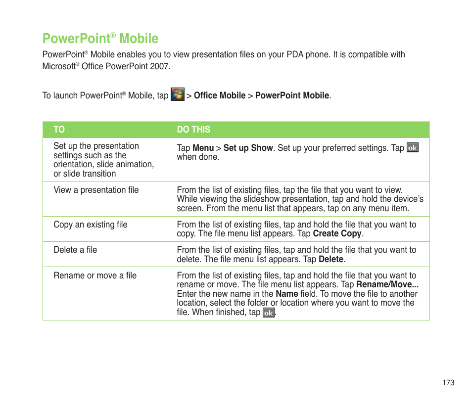 Powerpoint® mobile, Powerpoint, Mobile | Asus P565 User Manual | Page 173 / 190