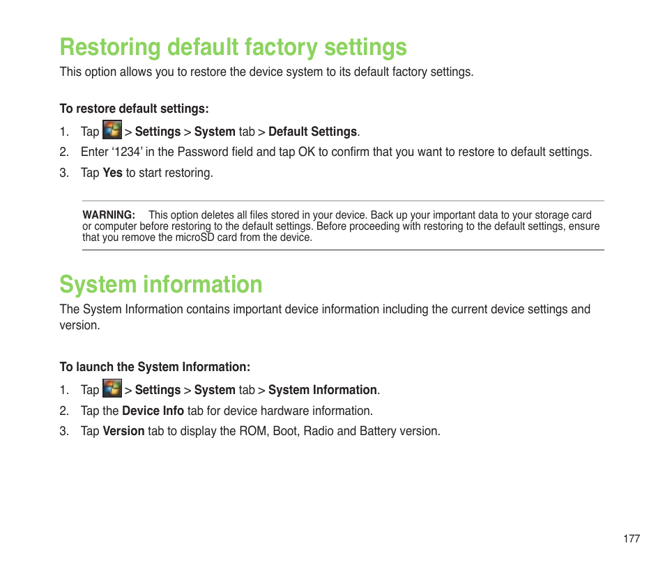Restoring default factory settings, System information | Asus P565 User Manual | Page 177 / 190