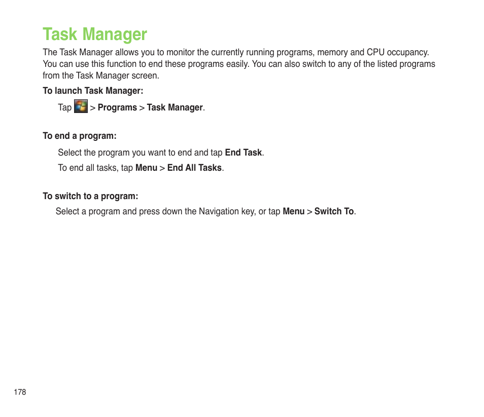 Task manager | Asus P565 User Manual | Page 178 / 190