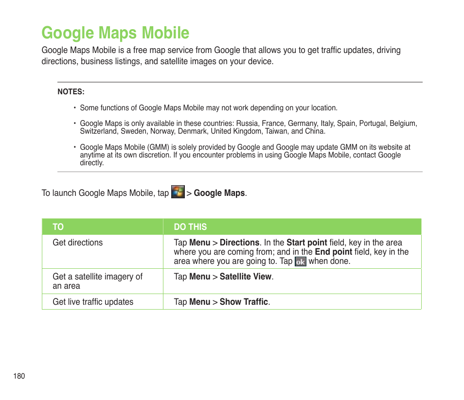 Google maps mobile | Asus P565 User Manual | Page 180 / 190