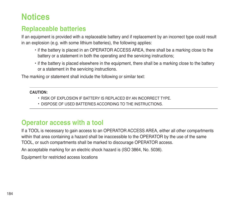 Notices, Replaceable batteries, Operator access with a tool | Replaceable batteries operator access with a tool | Asus P565 User Manual | Page 184 / 190