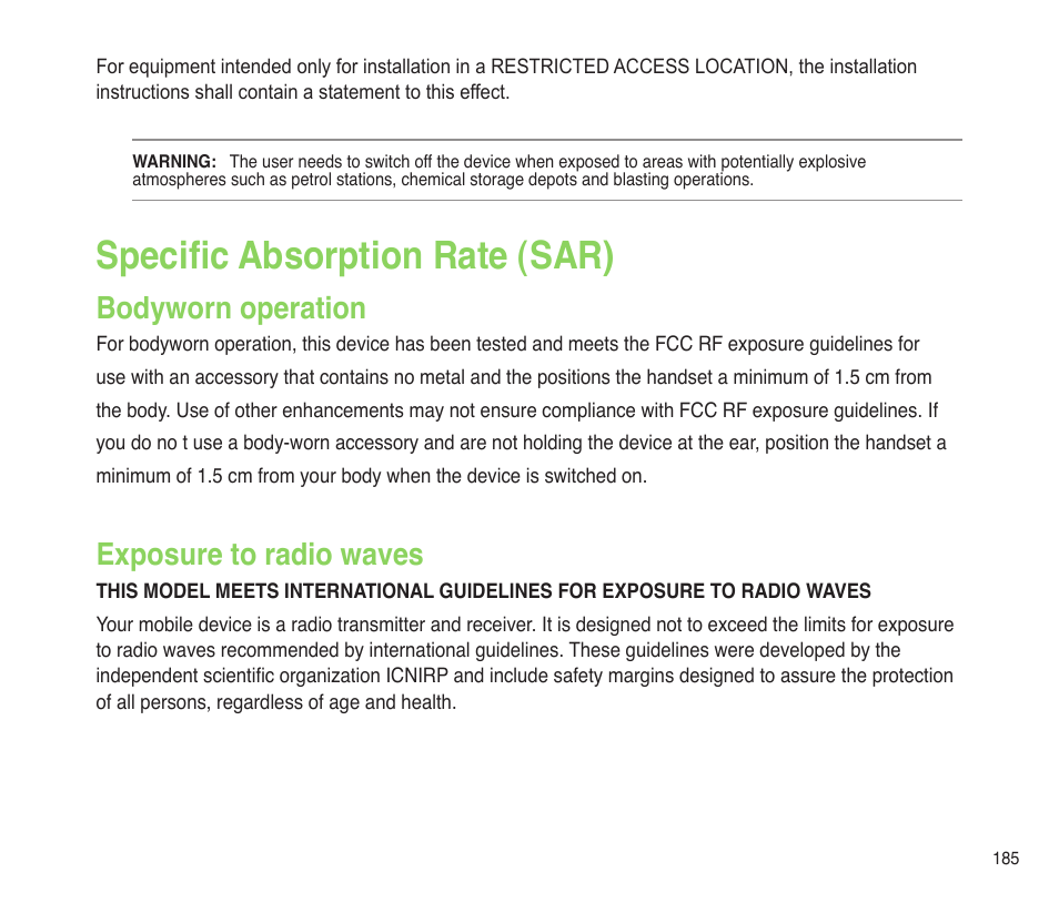 Specific absorption rate (sar), Bodyworn operation, Exposure to radio waves | Bodyworn operation exposure to radio waves | Asus P565 User Manual | Page 185 / 190