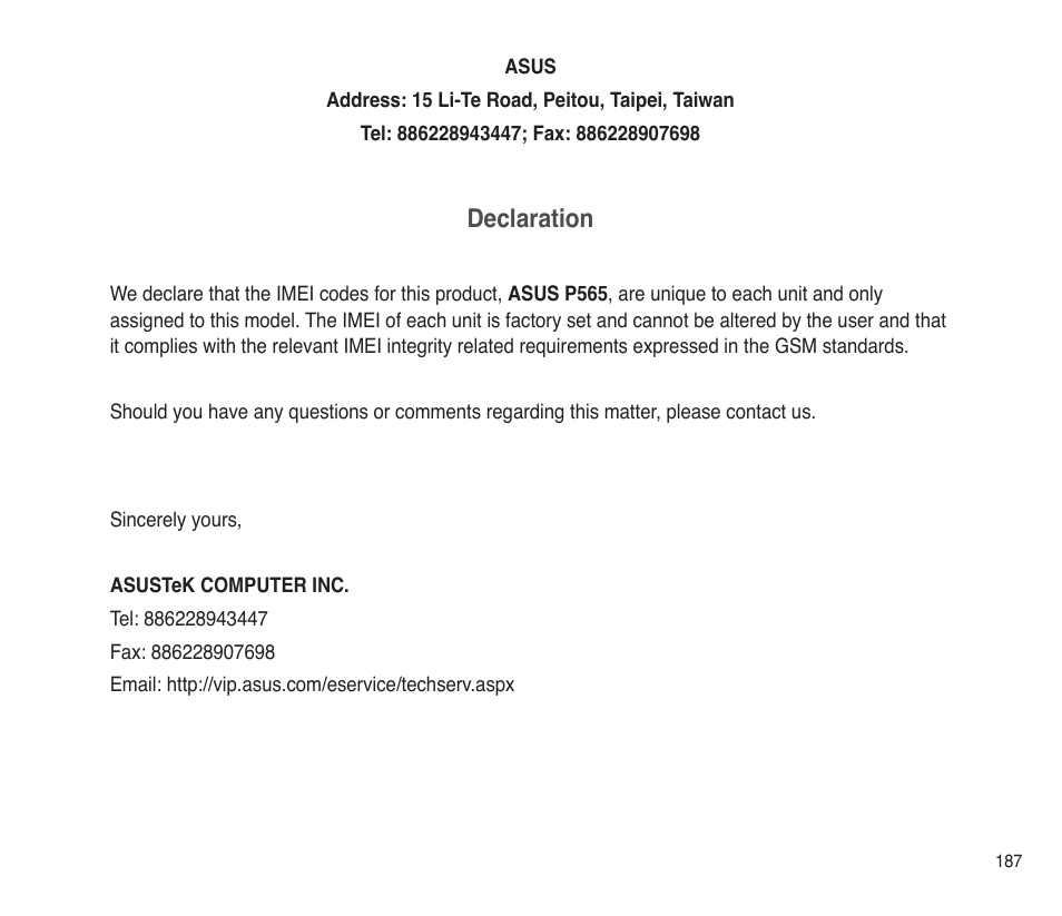 Declaration | Asus P565 User Manual | Page 187 / 190