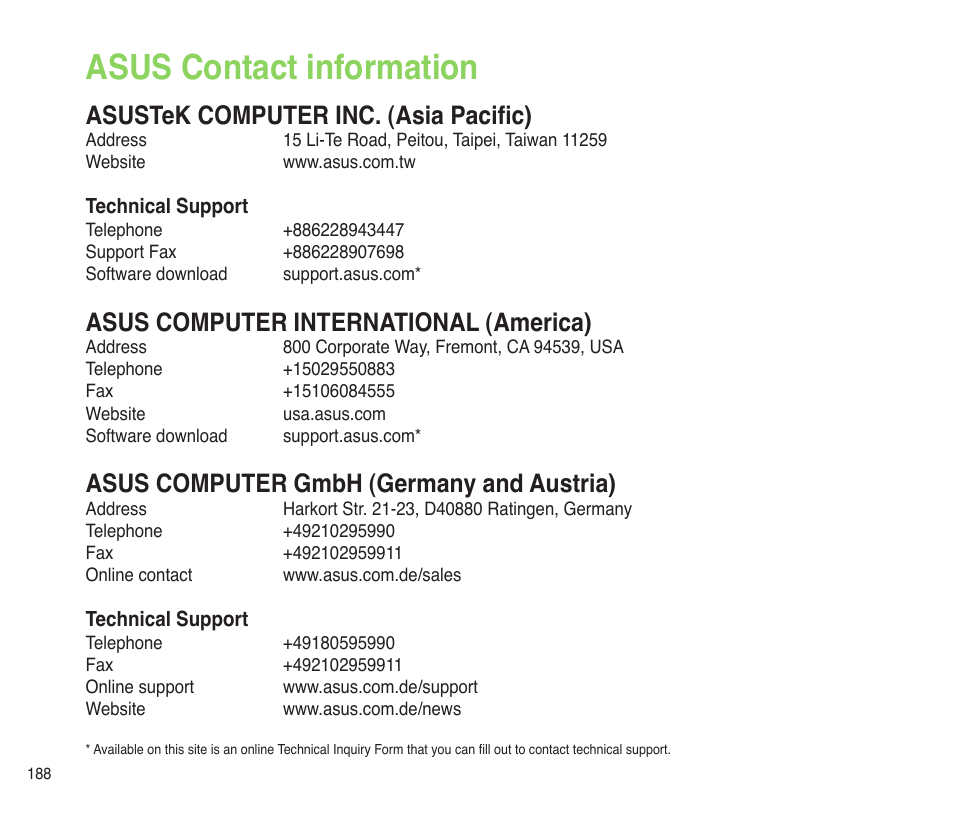 Asus contact information, Asustek computer inc. (asia pacific), Asus computer international (america) | Asus computer gmbh (germany and austria) | Asus P565 User Manual | Page 188 / 190