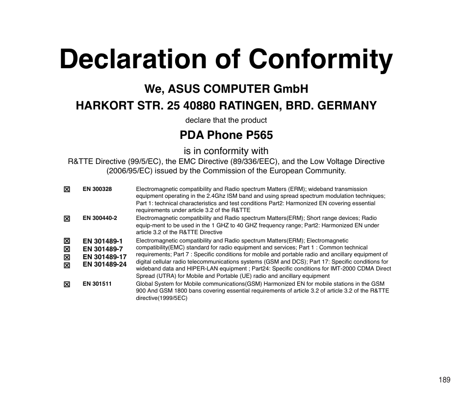 Declaration of conformity, Pda phone p565, Is in conformity with | Asus P565 User Manual | Page 189 / 190