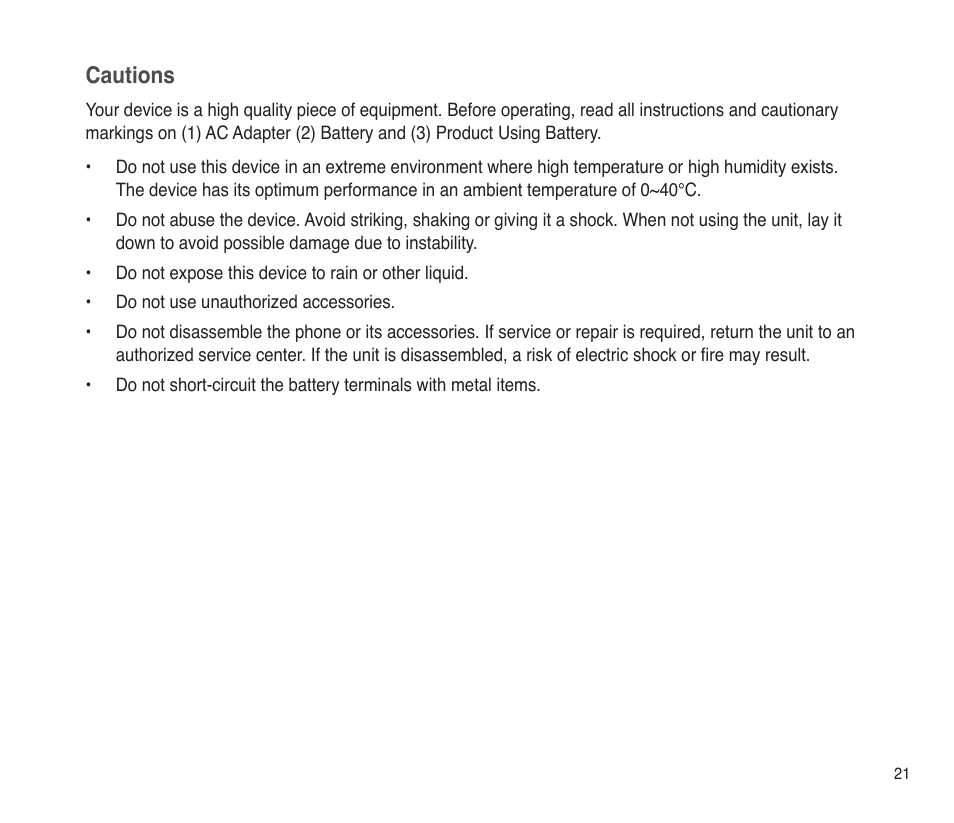 Cautions | Asus P565 User Manual | Page 21 / 190