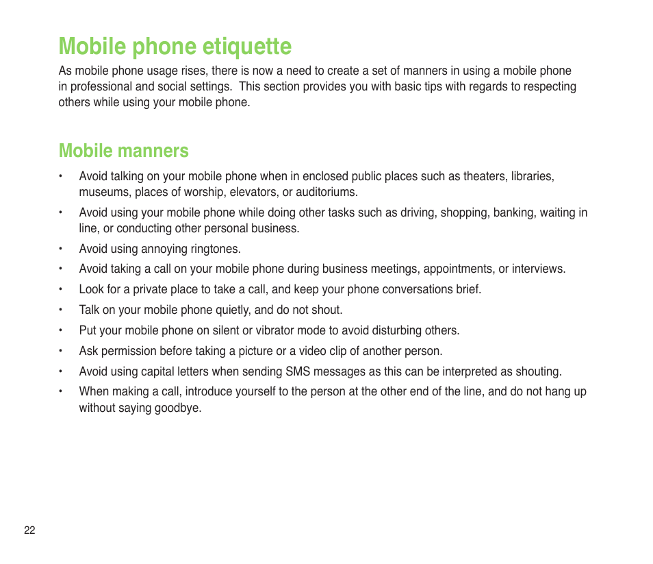 Mobile manners, Mobile phone etiquette | Asus P565 User Manual | Page 22 / 190