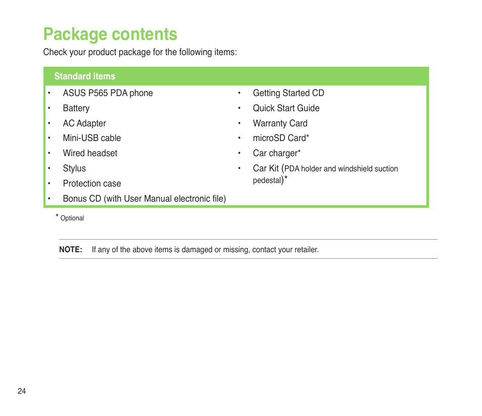 Package contents | Asus P565 User Manual | Page 24 / 190