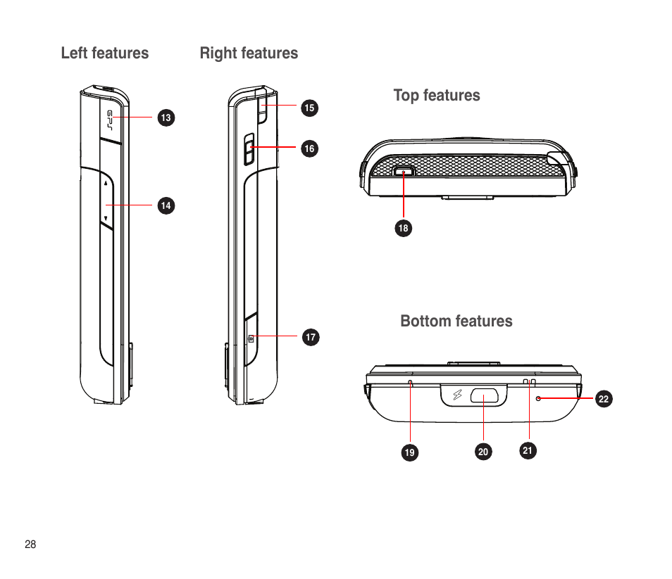 Left features right features, Top features bottom features | Asus P565 User Manual | Page 28 / 190