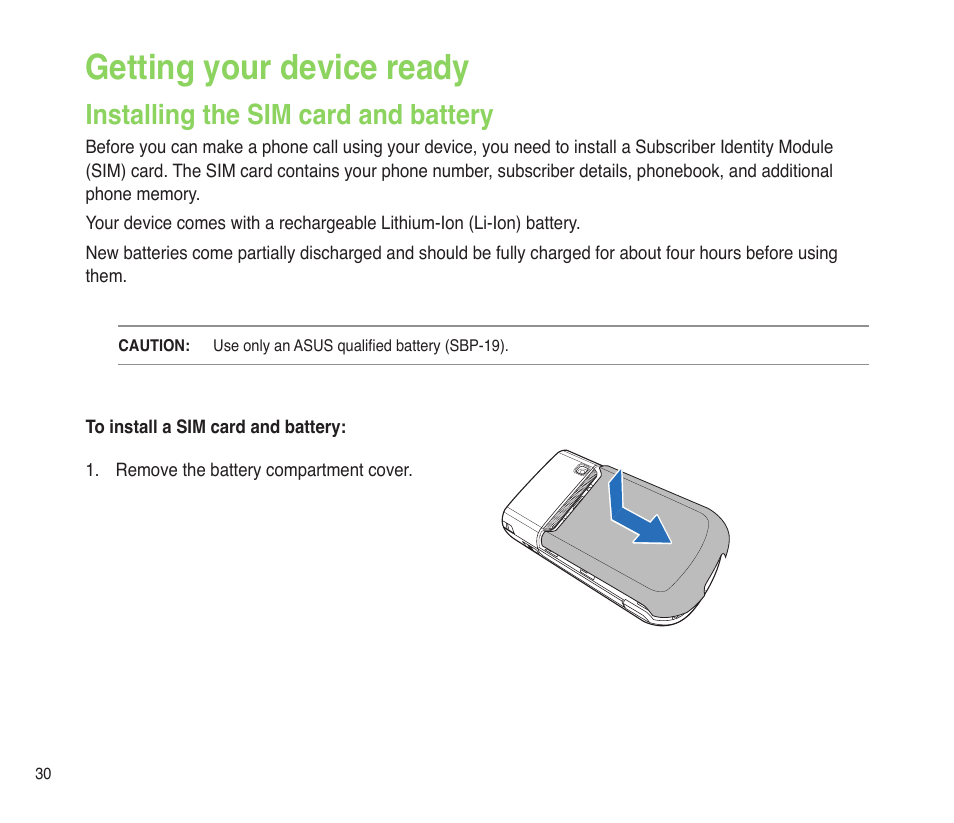 Getting your device ready, Installing the sim card and battery | Asus P565 User Manual | Page 30 / 190