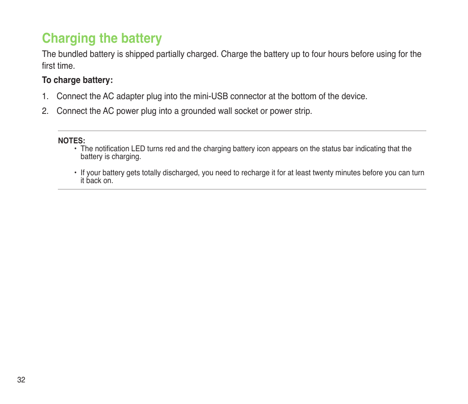 Charging the battery | Asus P565 User Manual | Page 32 / 190