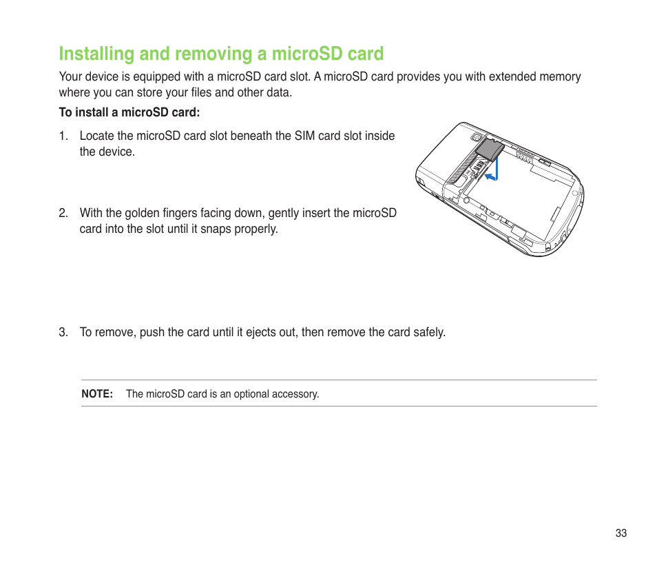 Installing and removing a microsd card | Asus P565 User Manual | Page 33 / 190