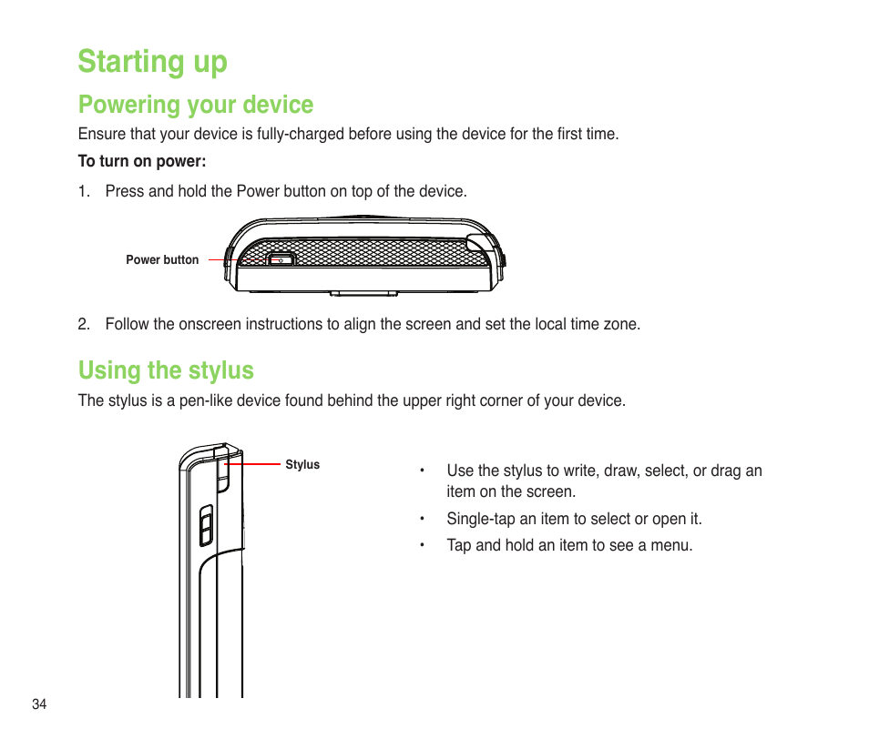 Starting up, Powering your device, Using the stylus | Asus P565 User Manual | Page 34 / 190