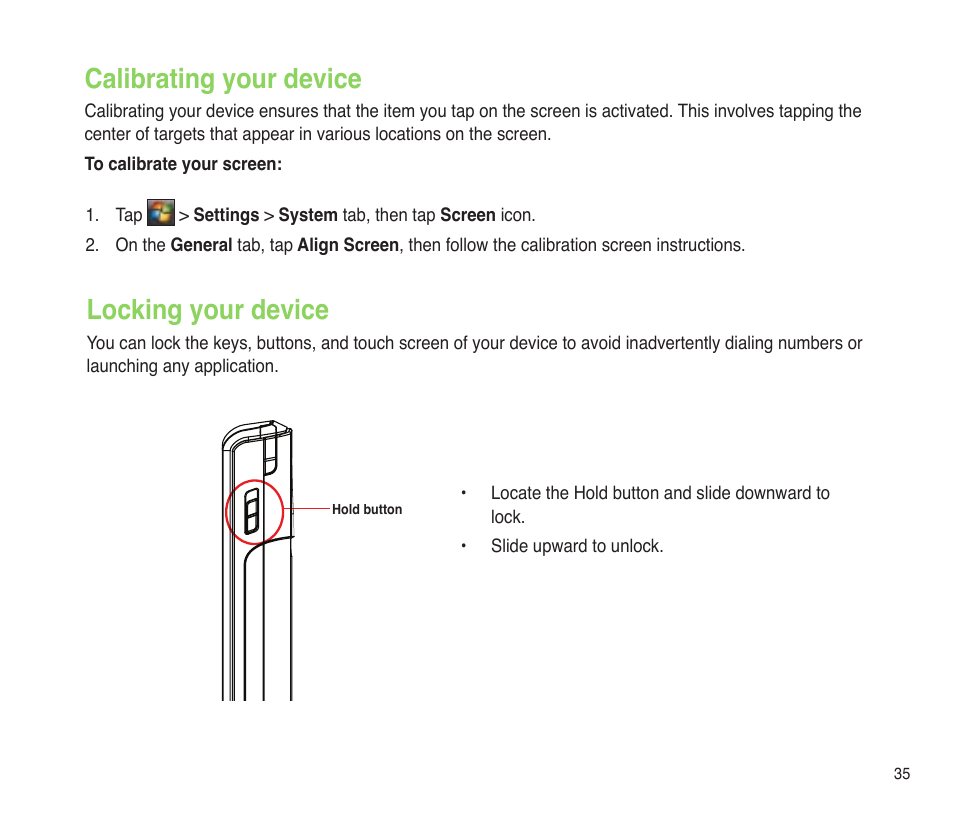 Calibrating your device, Locking your device | Asus P565 User Manual | Page 35 / 190