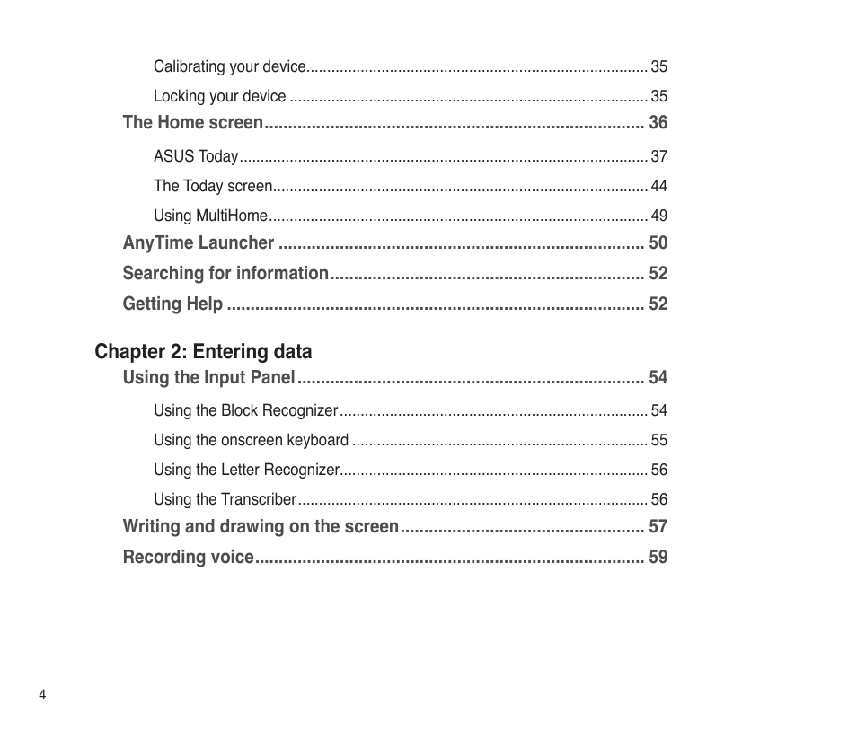 Chapter 2: entering data | Asus P565 User Manual | Page 4 / 190