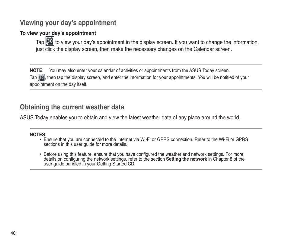 Viewing your day’s appointment, Obtaining the current weather data | Asus P565 User Manual | Page 40 / 190