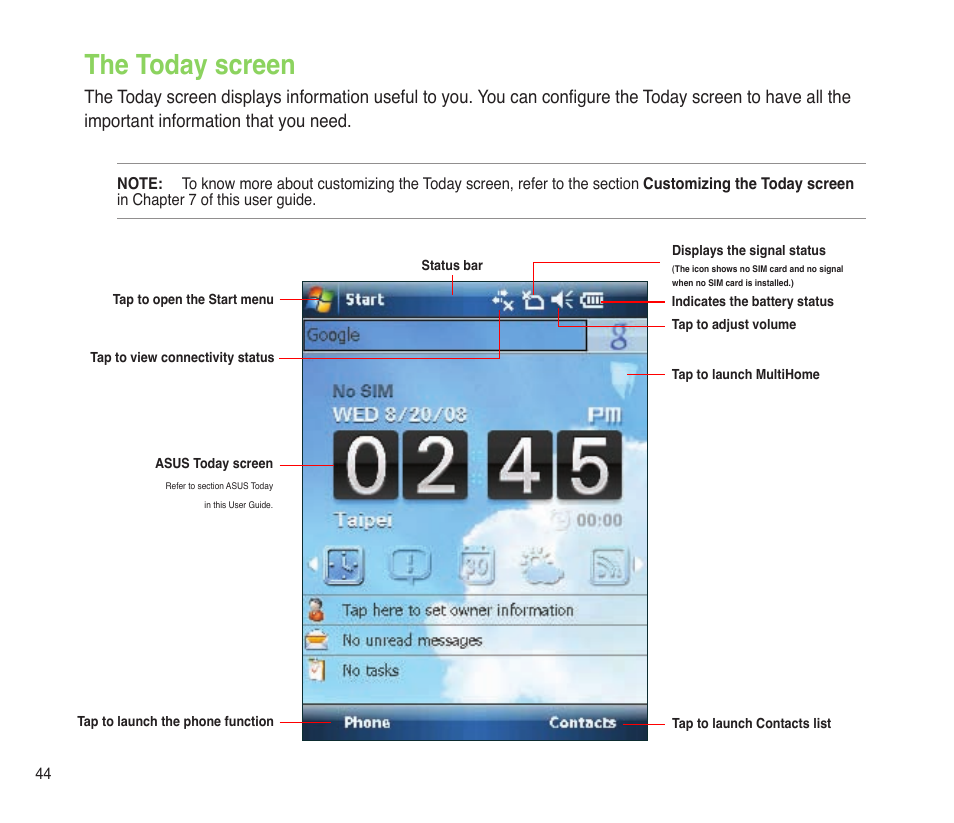 The today screen | Asus P565 User Manual | Page 44 / 190