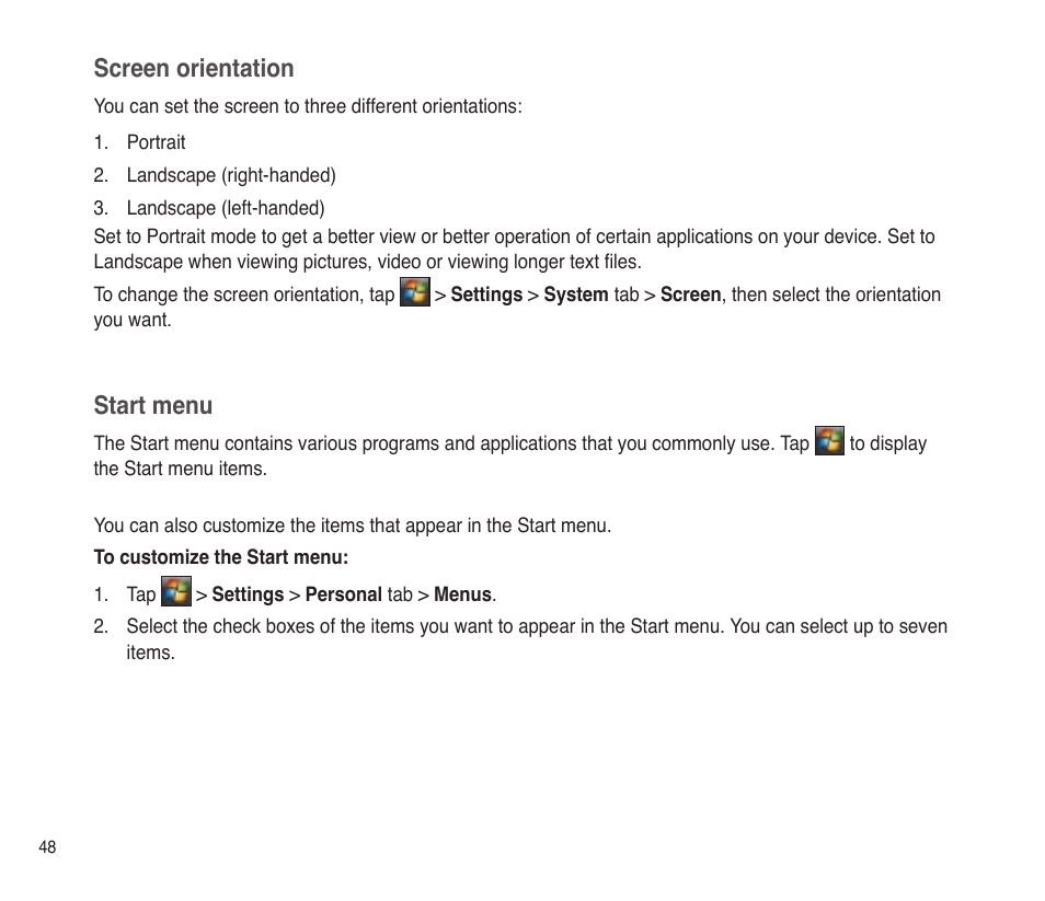 Screen orientation, Start menu | Asus P565 User Manual | Page 48 / 190
