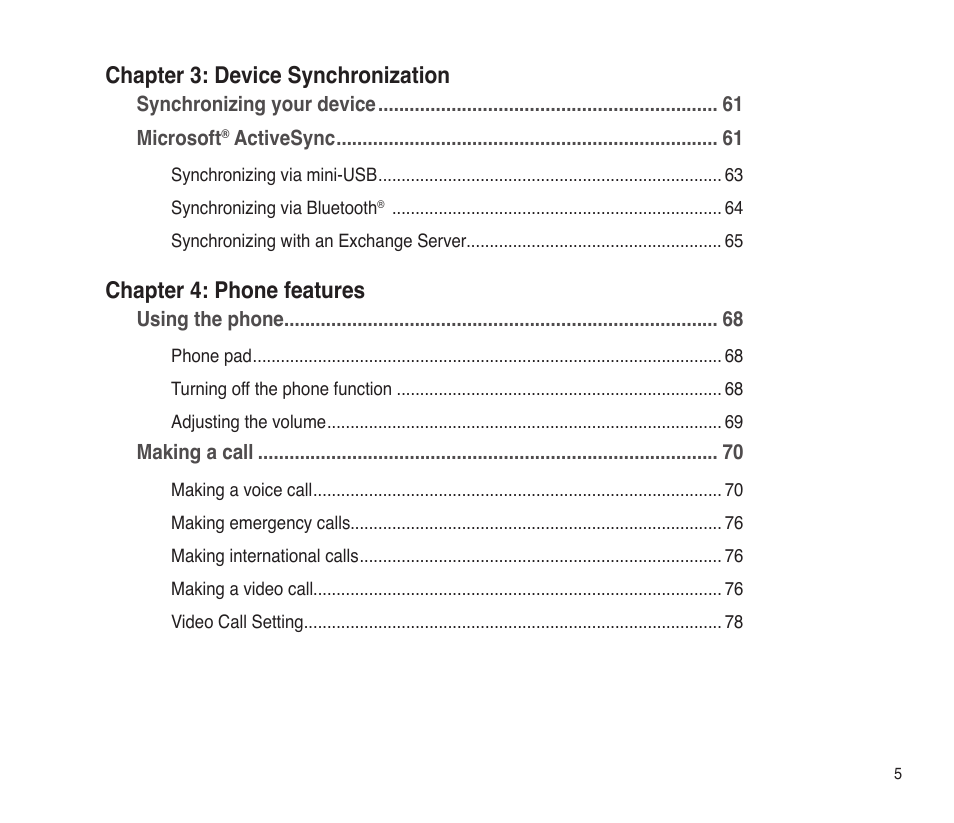 Chapter 3: device synchronization, Chapter 4: phone features | Asus P565 User Manual | Page 5 / 190