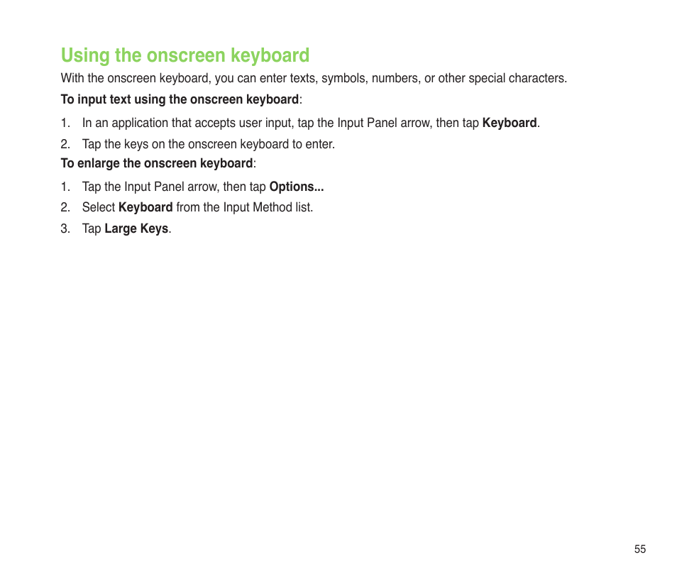 Using the onscreen keyboard | Asus P565 User Manual | Page 55 / 190
