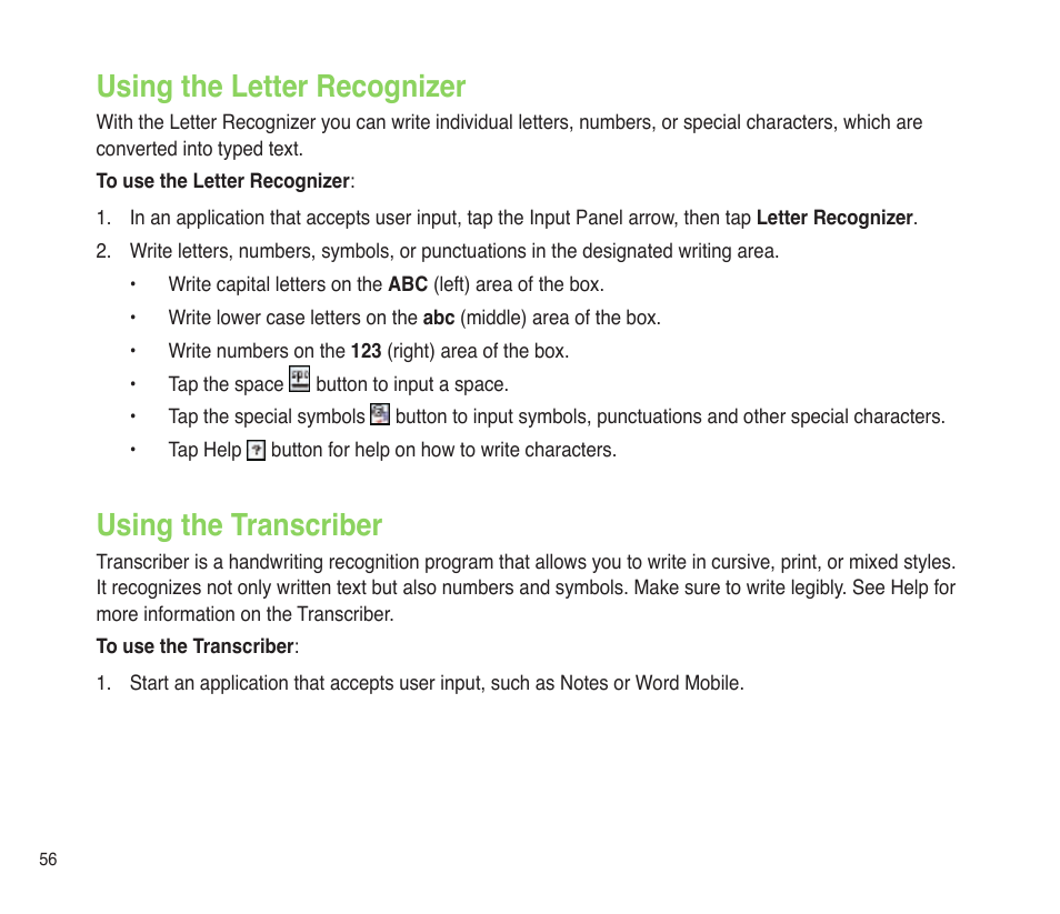 Using the letter recognizer, Using the transcriber, Using the letter recognizer using the transcriber | Asus P565 User Manual | Page 56 / 190