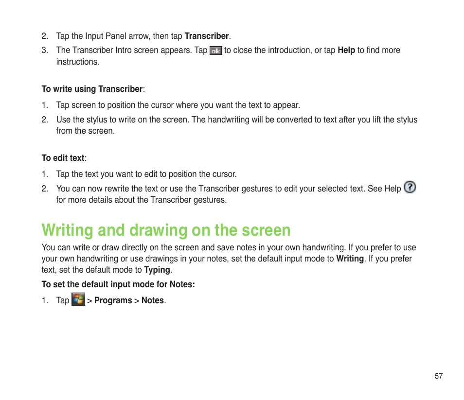 Writing and drawing on the screen | Asus P565 User Manual | Page 57 / 190