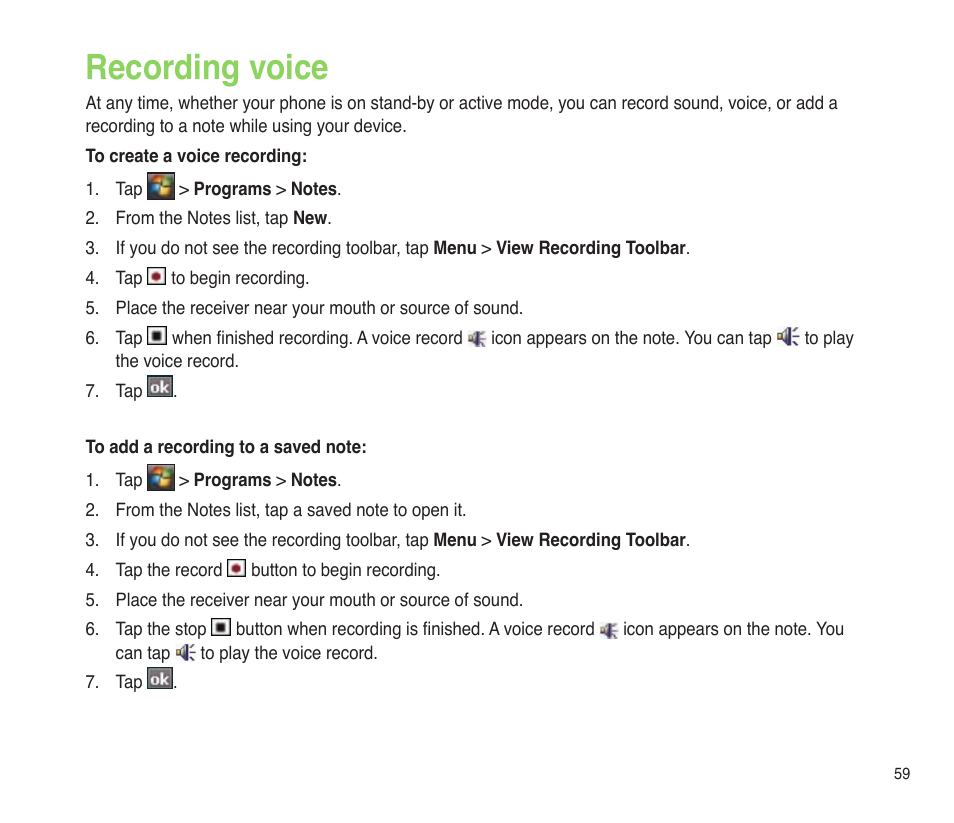 Recording voice | Asus P565 User Manual | Page 59 / 190