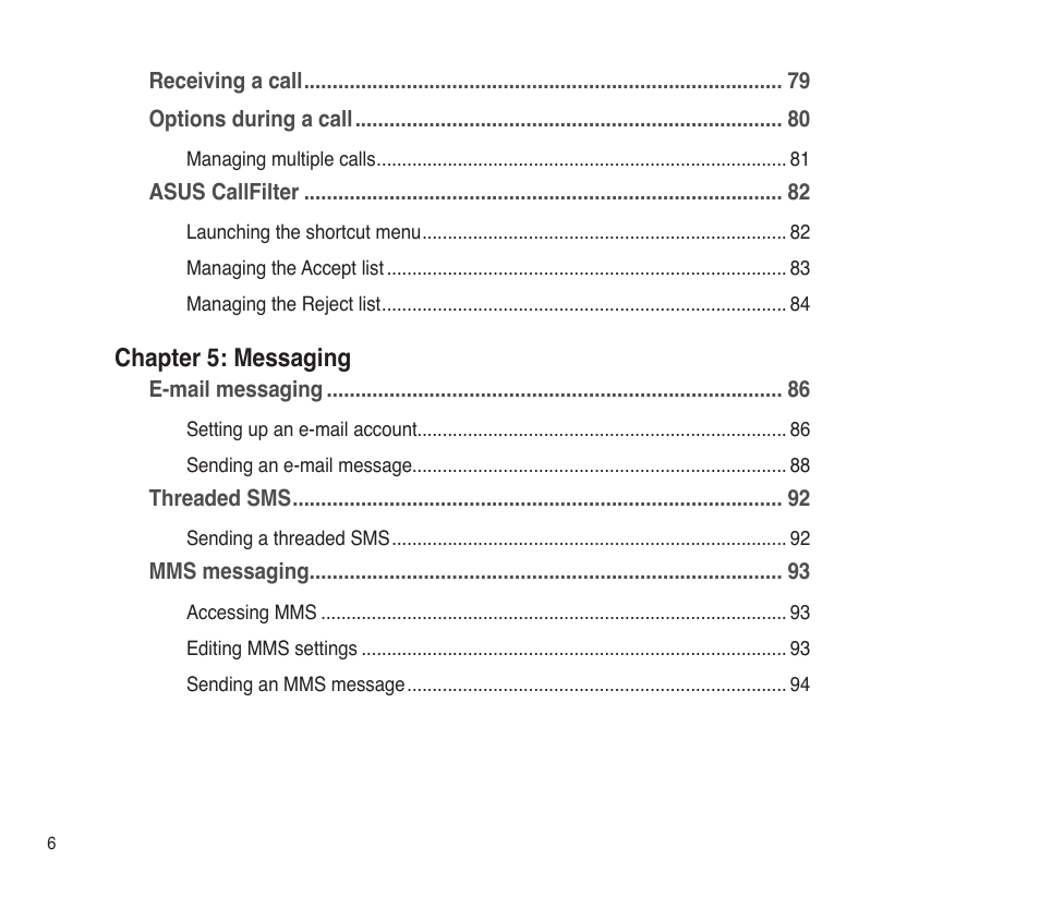 Chapter 5: messaging | Asus P565 User Manual | Page 6 / 190