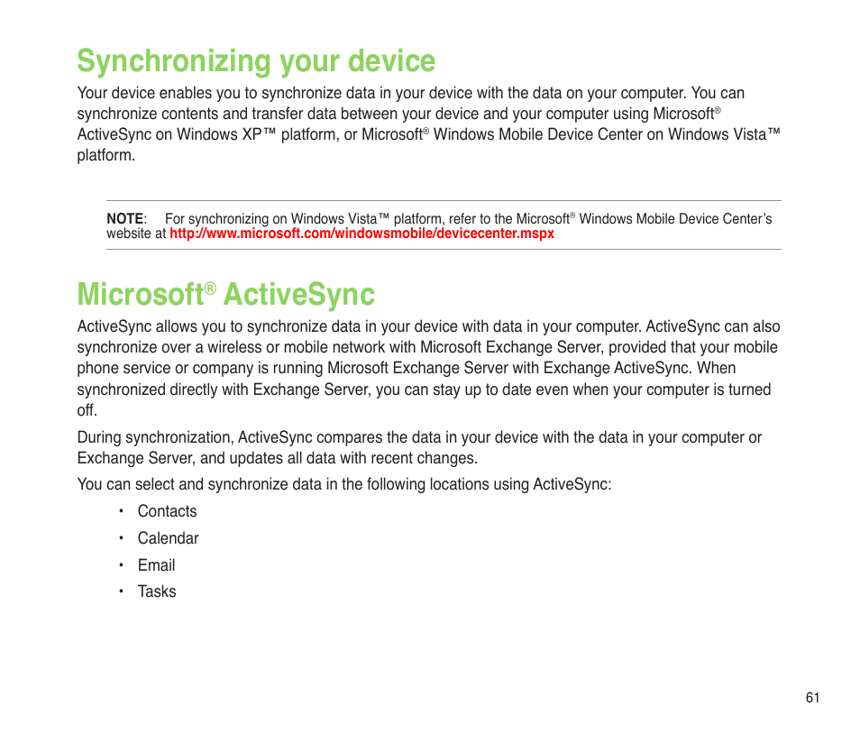 Synchronizing your device, Microsoft® activesync, Synchronizing your device microsoft | Activesync, Microsoft | Asus P565 User Manual | Page 61 / 190