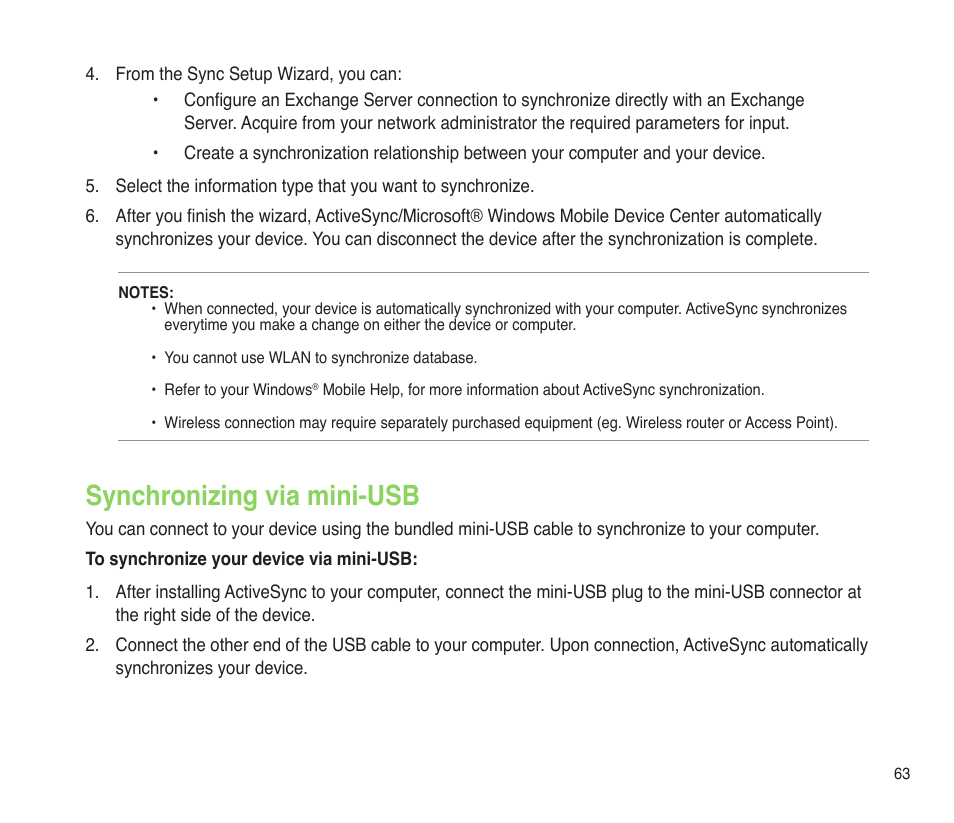 Synchronizing via mini-usb | Asus P565 User Manual | Page 63 / 190