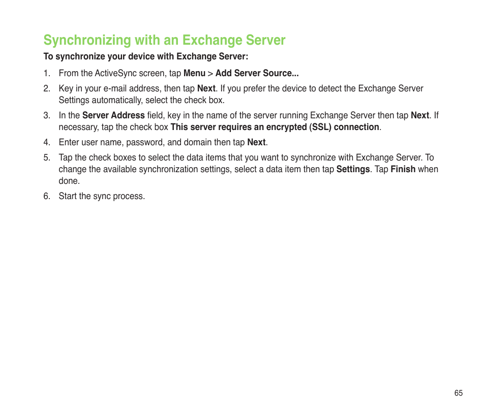 Synchronizing with an exchange server | Asus P565 User Manual | Page 65 / 190