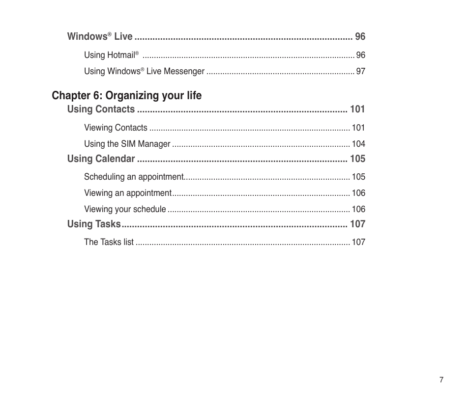 Chapter 6: organizing your life | Asus P565 User Manual | Page 7 / 190