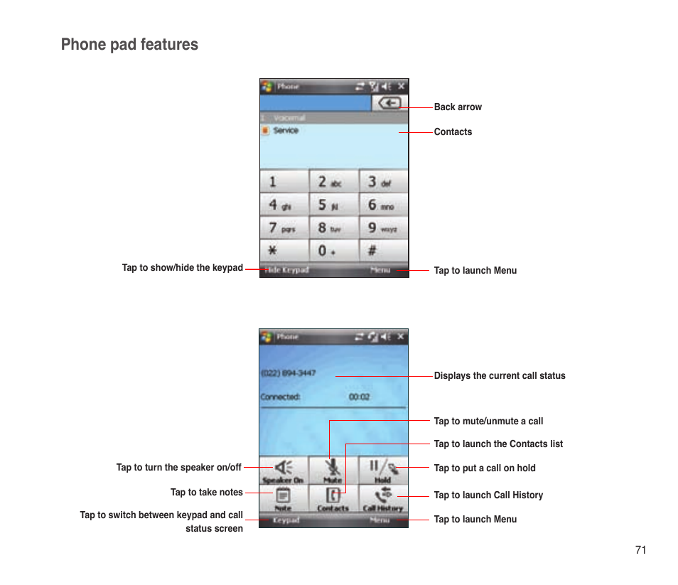 Phone pad features | Asus P565 User Manual | Page 71 / 190