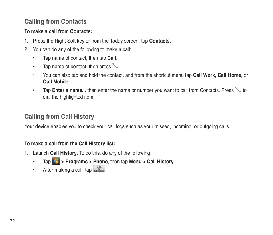 Calling from contacts, Calling from call history | Asus P565 User Manual | Page 72 / 190